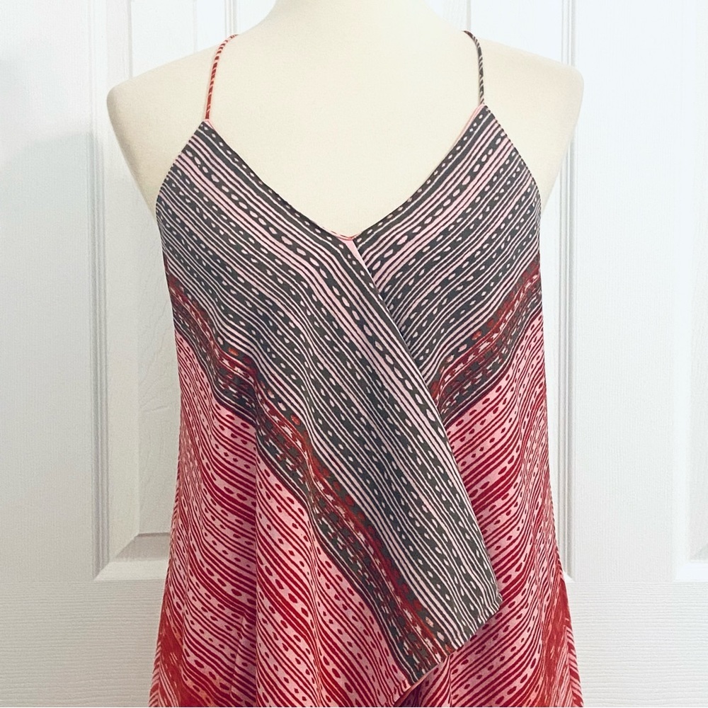 DKNY Halter Swing Dress Womens Sz S Red Striped Layered Asymmetrical Scarf Dress - Picture 2 of 9